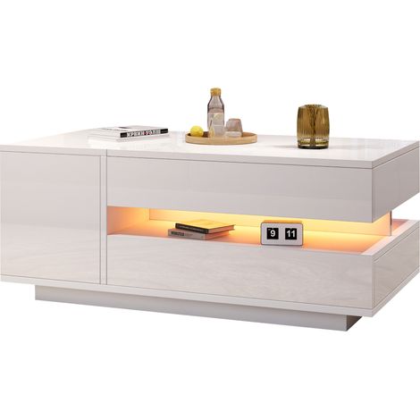 Table basse relevable 95x50x34,5 cm avec LED, 1 tiroir, 1 placard, rangement semi-ouvert, blanc