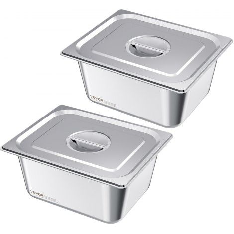 Recipiente Gastronorm Reutilizable para Hotel 1/2 Tamaño, Paquete de 2, 9 L, Bandeja de Empanado de Acero Inoxidable con Tapa para Bufé de Fiestas, 325 x 265 x 149 mm, -4 °C a 260 °C, Plata (1/5)