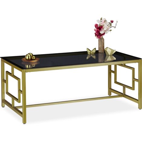 Relaxdays Mesa Centro Cristal, Rectangular, Vidrio y Metal, 45 x 110 x 60 cm, Negro y Dorado (1/5)