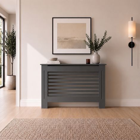 Radiator Cover Medium Anthracite Grey Modern Horizontal Slat MDF Cabinet with Display Shelf 1120x815x190mm (1/5)