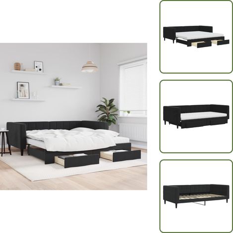 The Living Store Lit de jour avec gigogne et tiroirs noir 100x200 cm velours - Canapé Convertible - Lit Gigogne - Meuble Multifonctionnel - Lit D'appoint - Literie (1/5)