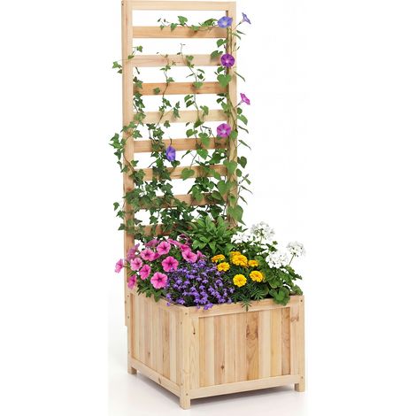 Jardinière avec Treillis en Bois 123 CM, Bac à Fleurs Surélevé pour Plante pour Vigne Fleurs avec Trou de Drainage, Lit de Jardin, Beige (1/5)