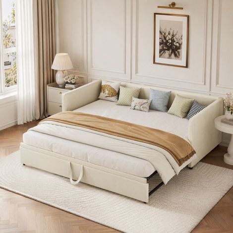 Lit gigogne 90/180x200 cm en velours, lit capitonné canapé, Canapé-lit extensible avec sommiers à lattes et accoudoirs, lit multifonctionnel avec dossier rembourré, beige (1/5)