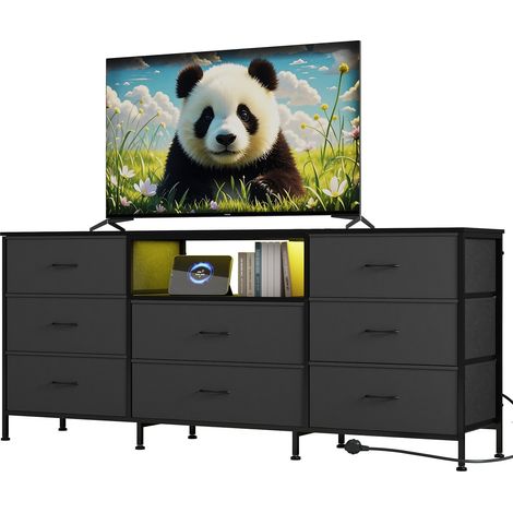Meuble TV LED 160cm avec 8 Tiroirs Tissu, Rangement pour TV 75 Pouces, Cadre Acier et Éclairage Intégré, Commode pour Salon et Chambre, GRIS (1/5)