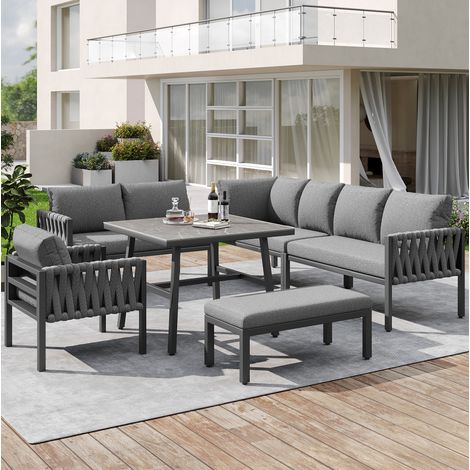 Sofá exterior esquinero con mesa de vidrio gris HAVRYA (1/5)