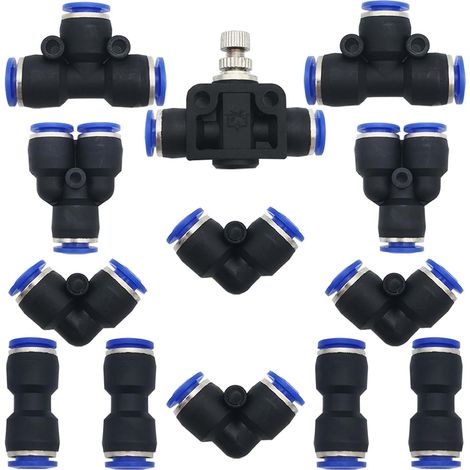 Connecteur Pneumatique, 13 pcs Raccord Rapide Air Push Kit, Connecter Raccord de Tube,pour 10mm PU/PE/nylon Tube (type Y + T + L + I + clapet d'étranglement de tuyau combiné) (1/5)