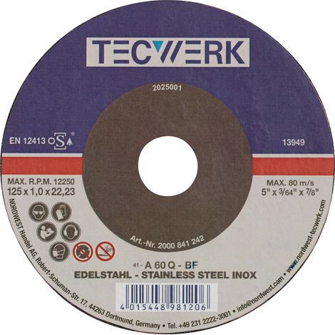 Disco  de  corte  INOX  D125x1,5mm  recto  INOX  Taladro  22,23mm  TECWERK (1/2)