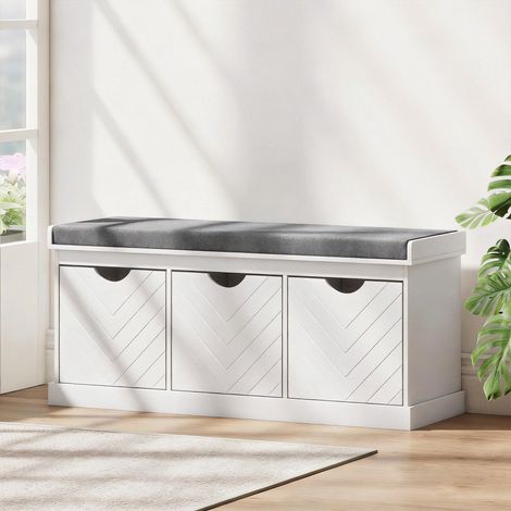 Banc chaussures entrée, banc de rangement avec 3 tiroirs amovibles et coussin rembourré en tissu aspect lin, blanc (1/5)