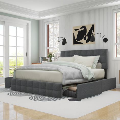 lit adulte double rangement 140x200 4 tiroirs gris OKMYHOME (1/5)