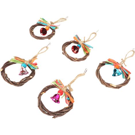 Lot de 5 jouets à mâcher pour perroquets, comprenant une clochette décorative et des anneaux pour cage. (1/5)