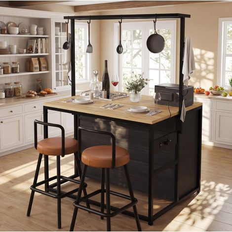 Mueble de cocina con 2 taburetes de bar, isla de cocina con enchufe, MDF y metal, negro HAVRYA (1/5)
