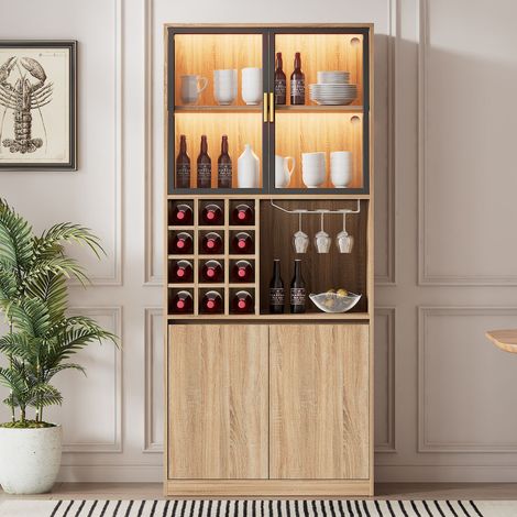 Vetrina contenitore 180 cm color naturale in MDF con ante in vetro, LED a 3 colori e portacalici rimovibile (1/5)