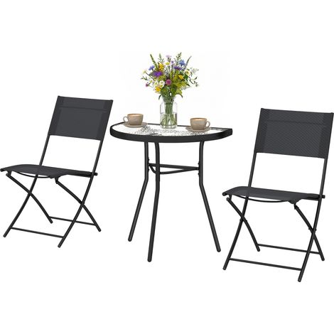 Ensemble bistro extérieur 3 pièces chaises pliantes table verre semi-circulaire noir