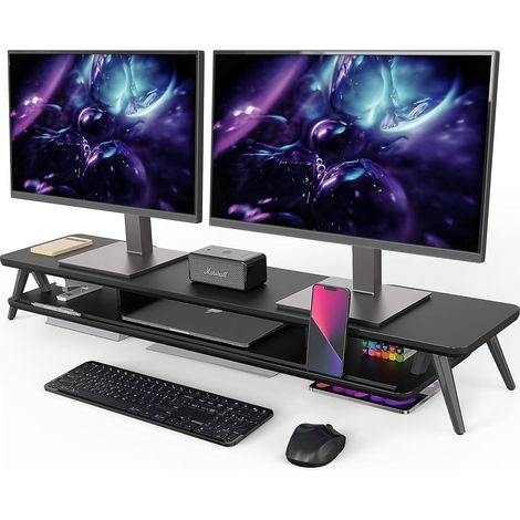 Fenge Dual Monitorständer mit Telefon/Pad Halter, 2 Etagen Groß Multifunktionaler Computer Laptop Bildschirm Riser 108x23,5x14,5cm Schwarz (1/5)