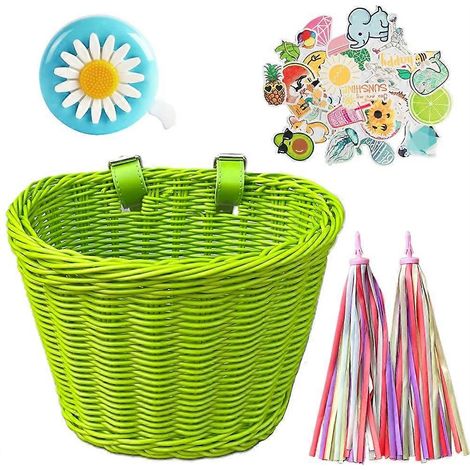 Panier de vélo tissé à la main avec clochette et pompons, autocollants, porte-bagages réglable pour guidon, accessoires de cyclisme A (1/5)