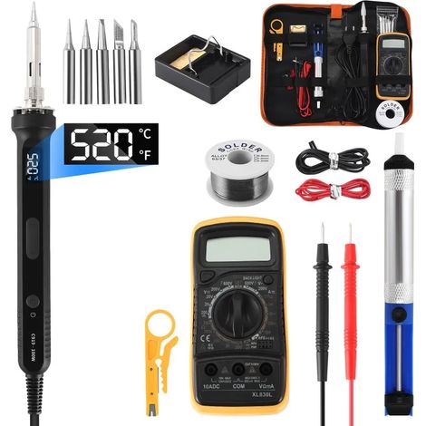 Fer à souder 100W avec thermostat réglable et voyant LED. Kit complet : 5 pannes, pompe à dessouder et multimètre numérique, parfait pour soudure et réparation. (1/5)