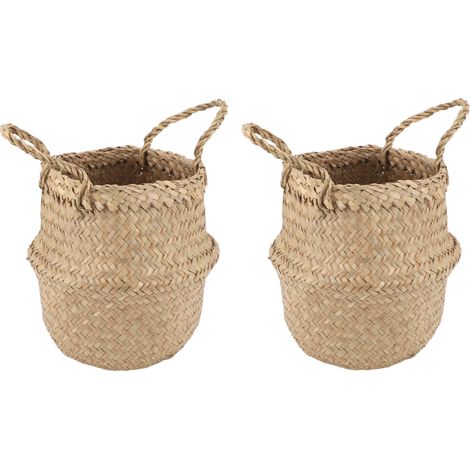 2x Panier en fibres de mer naturel tressé à la main pliable pour plante cache-pot rangement déco pique-nique (1/5)