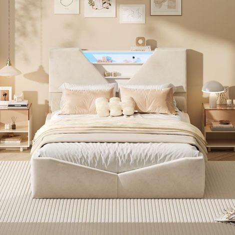 Letto contenitore - 140x190 - Rivestito in velluto beige - Rimozione pneumatica & cassetti - LED + caricatore Qi