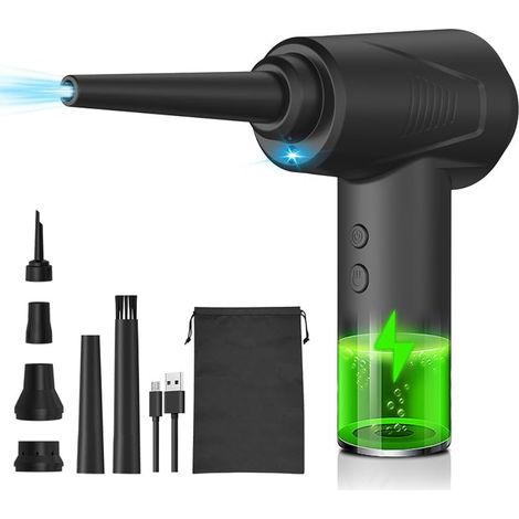Souffleur d'air 3-en-1 avec lampe, 3 vitesses, 50 000 tr/min, rechargeable sans fil, 6 embouts pour nettoyage claviers et gonflage sacs natation. (1/5)