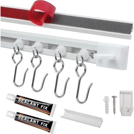 Rail de Rideau Adhesif Plafond/Mur, 8 × 37 cm (296 cm) - Tringle à Rideau Plafond sans Percage, avec Roulettes et Crochets en Métal, Adhésive/Perçage, Separation de Piece (8) (1/5)