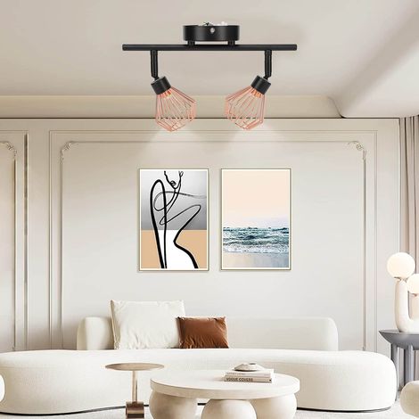 Plafonnier industriel sur rail à 2 lampes noires plates, tête de lampe orientable, douille G9, spot moderne pour cuisine, salle à manger, salon et couloir. (1/5)