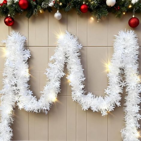 5m Weihnachtsgirlande mit Beleuchtung und Timer, Girlande Weihnachten Treppengeländer Tannengirlande Treppe Kamin, Weihnachtsbaum Girlande Beleuchtete Weihnachtsdeko Weiß Schneeflocken (1/5)