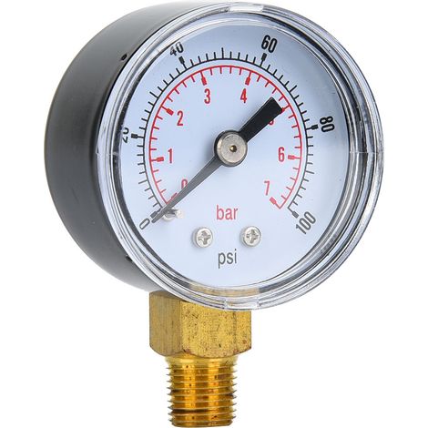 Manomètre mécanique, raccord inférieur 1/8 pouce BSPT, convient pour l'air, l'huile et l'eau (0-100 psi, 0-7 bar). (1/5)