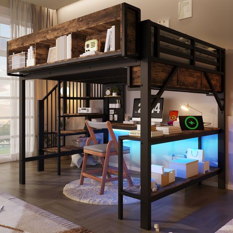 Lit mezzanine 140x200 cm brun-noir vintage avec bureau d’angle, rangement et panneau perforé, prise USB Type-C et LED, grand lit mezzanine EN747 (sans matelas) (1/5)