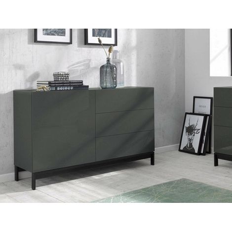 Dmora Modernes Sideboard mit 1 Tür und 3 Schubladen, Made in Italy, Küchen-Sideboard, Wohnzimmer-Design-Buffet, mit Füßen, 110x40h47 cm, Farbe Anthrazit glänzend (1/4)