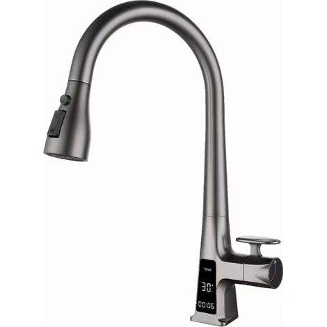 Kitchen faucet with LED digital display, brass sink faucet with pull-out spray head, single-handle kitchen sink faucet with 3 modes and 360-degree swivel spout, bronze grey (1/4)