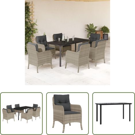 vidaXL Gartenstuhl -  7-tlg. Garten-Essgruppe mit Kissen Hellgrau Poly Rattan (1/5)