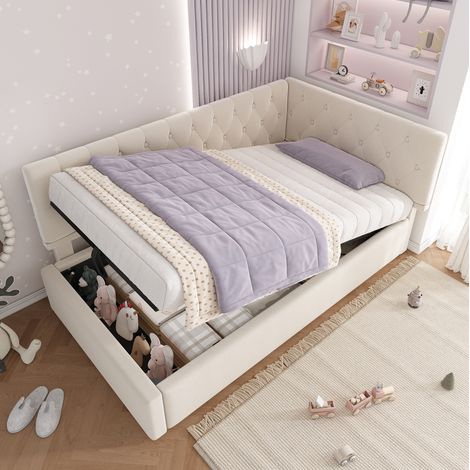 Lit banquette en velours beige 90x200 cm avec rangement hydraulique et sommier à lattes (1/5)