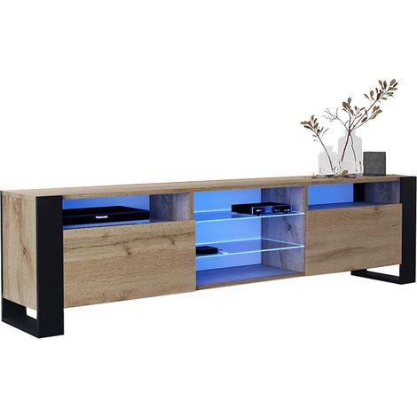 Dusine – Meuble TV 200 cm avec éclairage LED – Chêne mat et porte chêne – Style industriel – Rangement avec niches et étagères vitrées