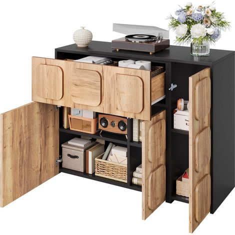 Buffet Modulable avec Tiroirs et Niches, Push-to-Open, pour Salon, Bois Composite, Naturel, 107.5 x 35 x 83.5 cm (1/5)