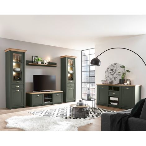 Landhaus Wohnwand & Sideboard Set in grün mit Wotan Eiche CINCINNATI-61 mit Beleuchtung, B/H/T: 328/207/45cm (1/5)