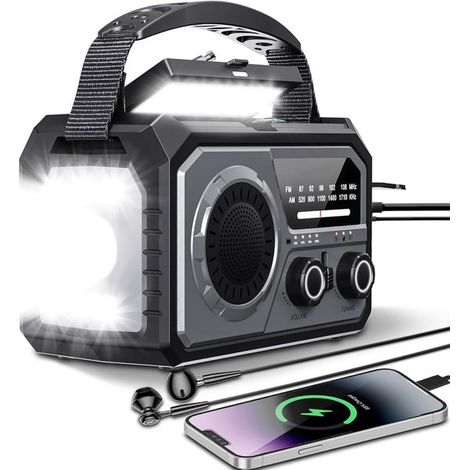 Radio di emergenza - Radio di emergenza - Radio di emergenza portatile - 16000 mAh Solare/Manuale, AM/FM, Bussola, Caricabatterie USB per telefono, Torcia a LED, Allarme SOS, Adatta per campeggio, att (1/2)