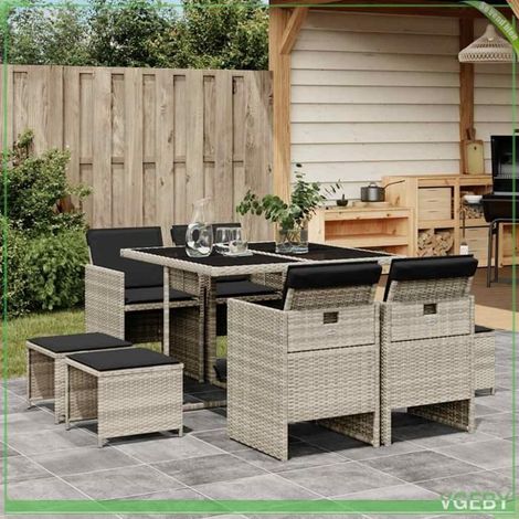 Ensemble de salle à manger de jardin - FAFEICY - 3210599 - 9 pcs - Résine tressée gris clair - Coussins anthracite (1/5)