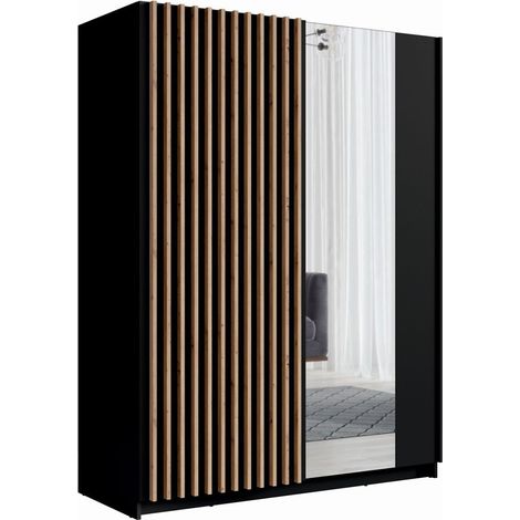 Armario de 2 puertas correderas con espejo 150 cm - negro y roble - Colección STRANO