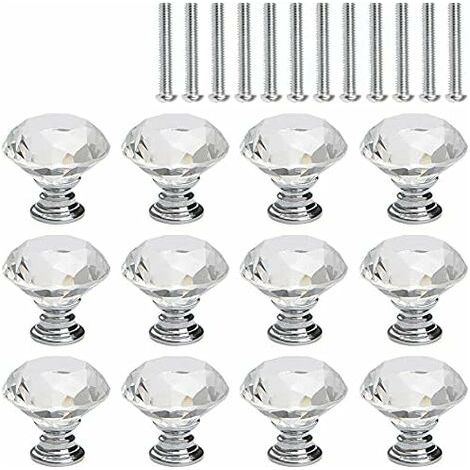 12 Pcs Bouton de Meuble Cristal, Poignée Bouton de Porte Placard Meuble Tiroir, Diamant de Verre Cristal Transparent, Base en Argent (1/5)