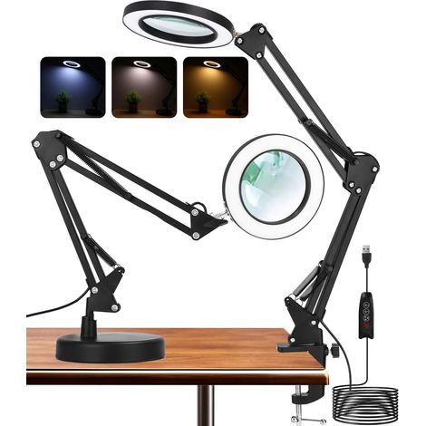 10-in-1-LED-Lupe mit Licht und Stativ, 2-in-1-LED-Lupe mit Licht, Lupenlampe mit Klemme, Schreibtischlupe mit 3 Farbmodi, dimmbar für Arbeit, Lesen, Nähen, Basteln, Senioren (1/5)