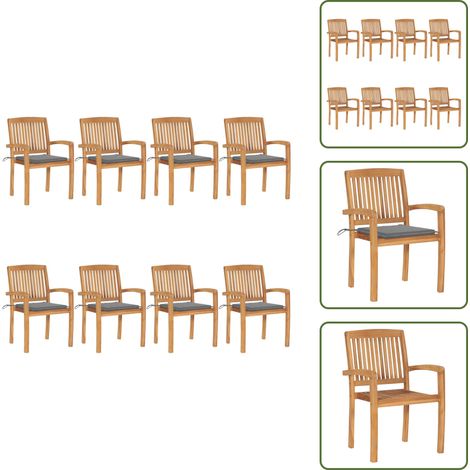 The Living Store Chaises de jardin empilables avec coussins lot de 8 Teck solide - Chaise de salle à manger (1/5)