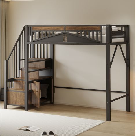 Hochbett 255x95x170 cm schwarz aus Metall und Holz mit Stauraumtreppe und Sicherheitsgitter (1/5)