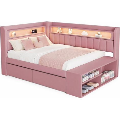 Canapé-lit 90x200 rose avec USB, LED 7 couleurs, 2 tiroirs et meuble à chaussures intégré, structure MDF et contreplaqué, idéal chambre gain de place  CHICFURN (1/5)