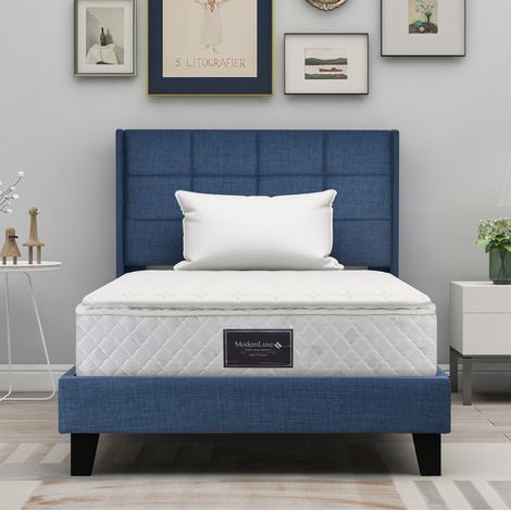Lit 90x200 cm en lin bleu avec tête de lit rembourrée, sommier à lattes inclus + matelas à ressorts ensachés 25 cm (1/5)