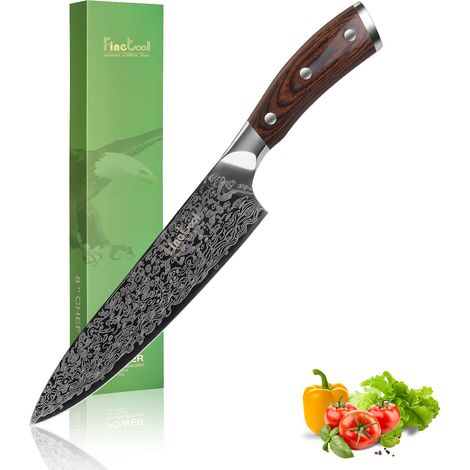 FineTool Coltello da cucina, coltello da chef professionale 20cm acciaio inossidabile 7Cr17 con legno di Pakkawood, coltello da cucina più affilato, scelta migliore per la casa e il ristorante (1/5)