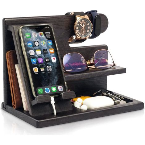 Cadeau Homme Organisateur de Bureau Bois Cadeau Fete des Peres Support Telephone Bureau Cadeau Papa Noël Cadeau (Noir) (1/4)