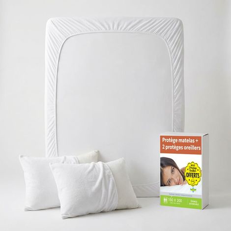 Sweetnight - Lot Protège-Matelas 160x200 + 2 Protège-Oreillers 65x65 - Bouclette Éponge Coton Absorbante - Forme Drap Housse - Silencieux