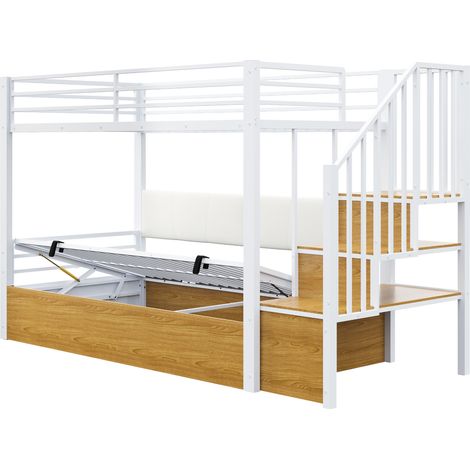 Letto a soppalco in metallo bianco 90 x 200 cm con scala contenitore e schienale in PU (1/5)