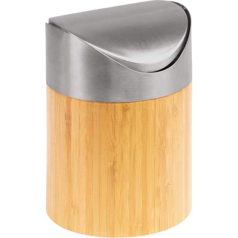 1 Poubelle de table, Bambou, Couvercle basculant, Acier inoxydable, Insert plastique, Cuisine, Salle de bain