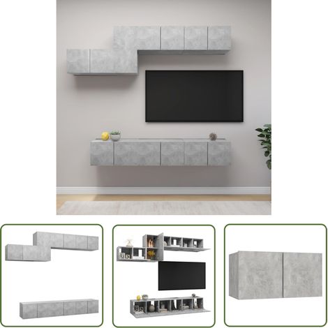 The Living Store 7-tlg. TV-Schrank-Set Betongrau Holzwerkstoff - TV-Schrank - Wandregal - Wohnzimmerschrank - Fernsehtisch - Regal (1/5)